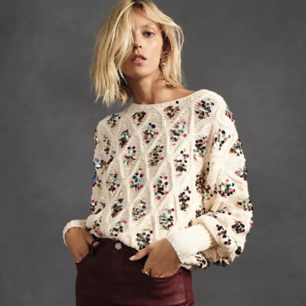 Anthropologie Lara Sequined Ivory Cable Knit Sweater